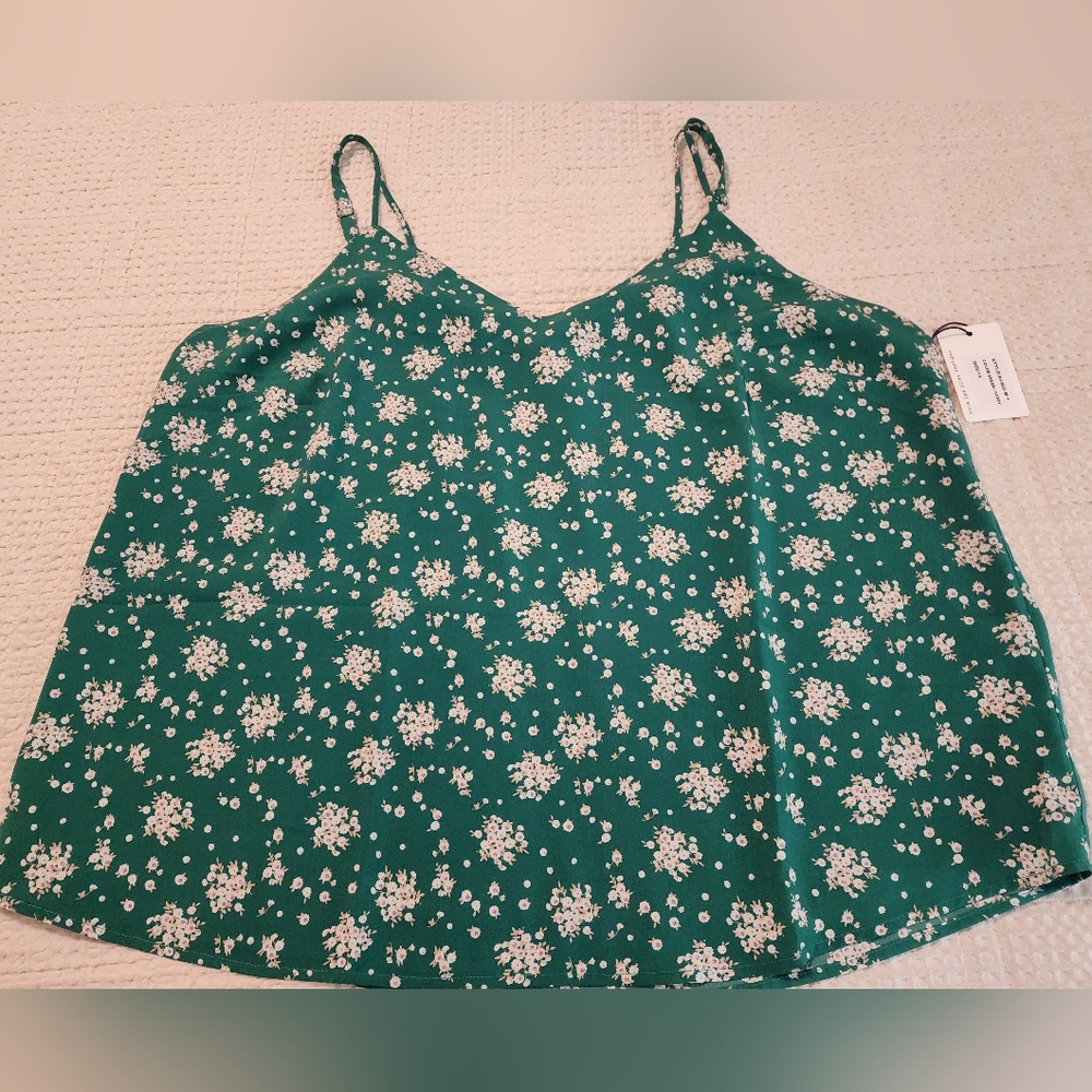 Skies Are Blue Green Ivory Floral Spaghetti Strap Tank Top NWT 1X Summer Cool